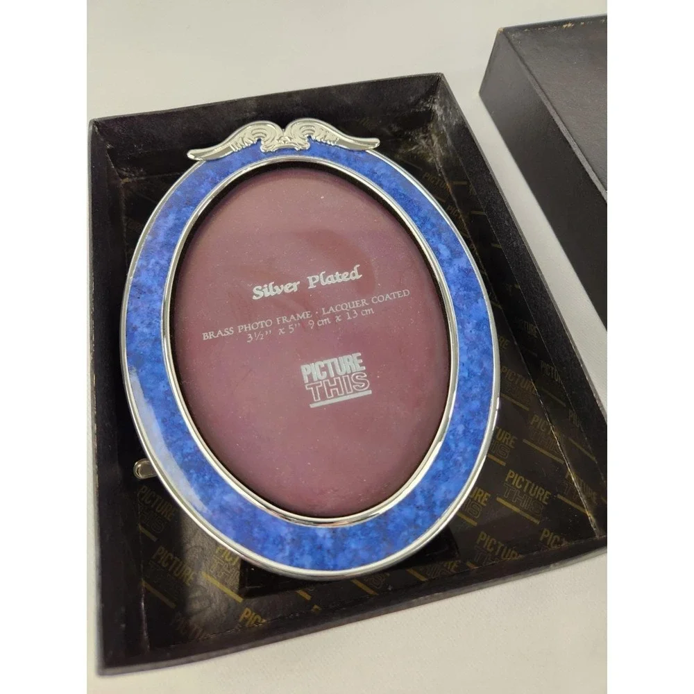 Vtg Picture This Silver Plated 3.5x5 Brass Photo Frame Lacquer Coated Blue Oval‎